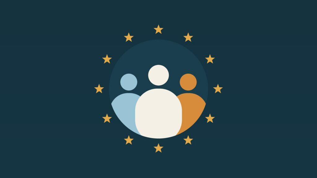Grafik: Kreis aus zwölf goldenen Sternen, darin drei stilisierte Figuren als Zeichen für die Begegnung junger Menschen in Europa